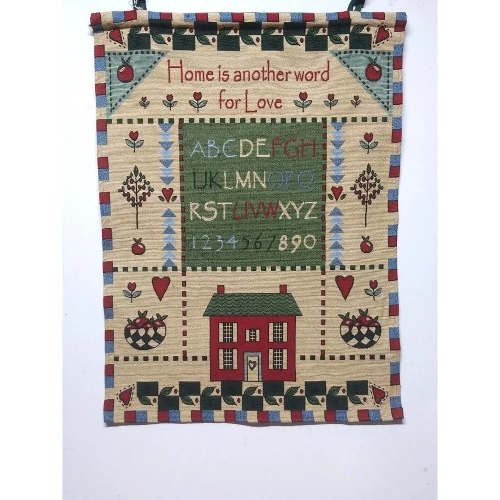 Vtg Wall Hanging Tapestry House Home school Scene 26.5